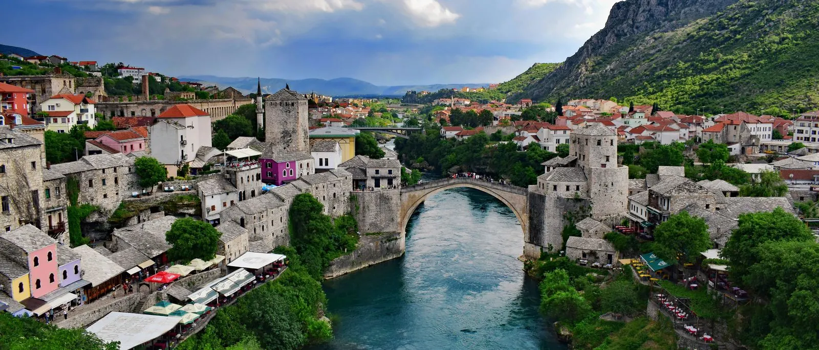 Aerial view of the Old Bridge and the old town of Mostar on the Neretva River