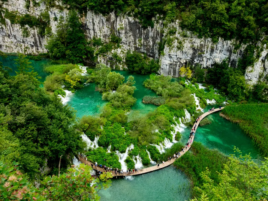 Turquoise cascading lakes and waterfalls at Plitvice Lakes National Park